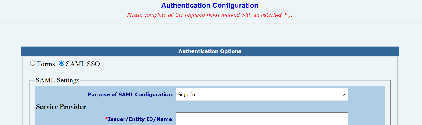 Authentication configuration settings for SAML SSO with required fields highlighted.